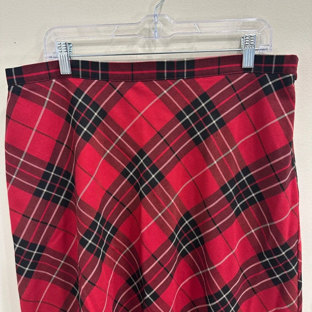 Red Plaid Tartan Midi Skirt Bias Cut A-Line Red Black White Classic Preppy Sz 14